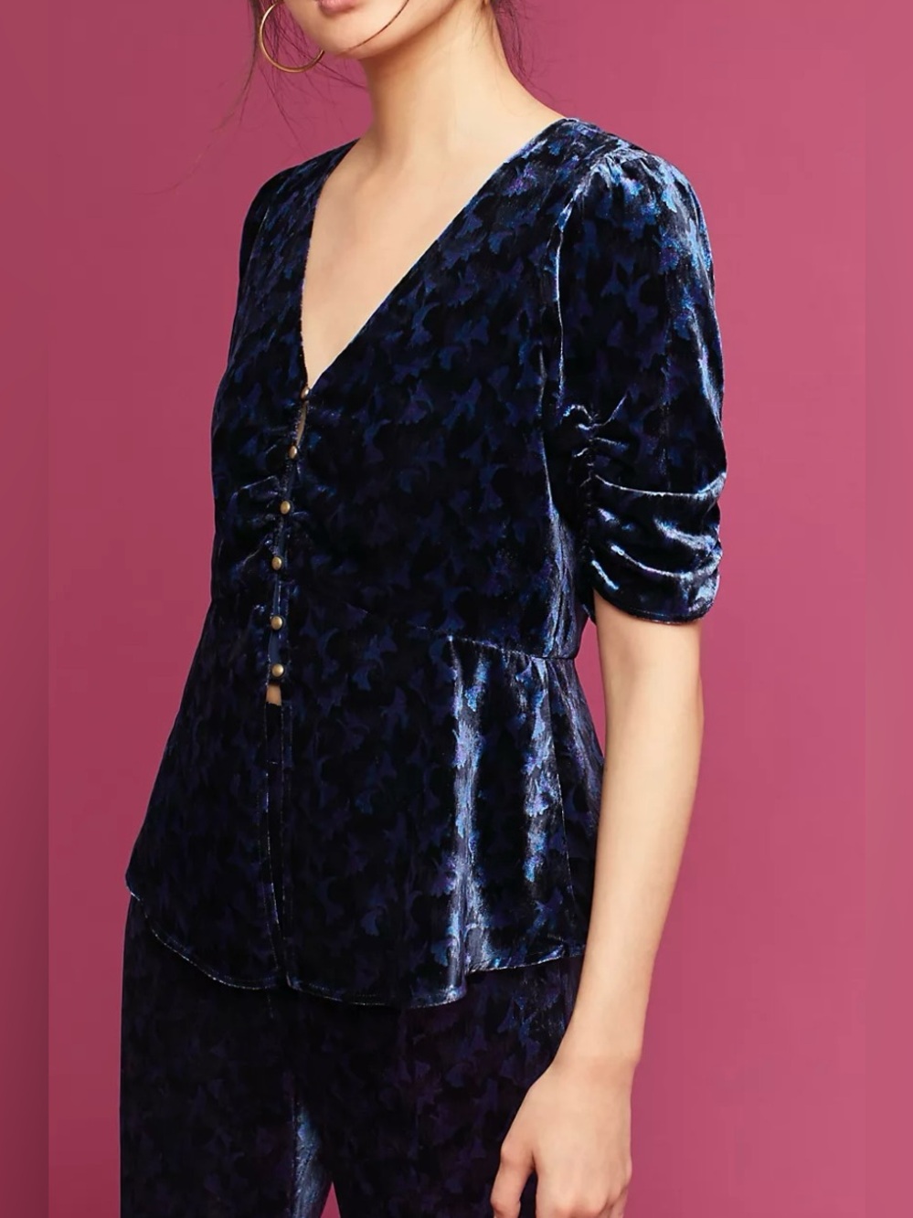 Maeve by Anthropologie Navy Velvet V-Neck Peplum Button Up Blouse - Size 4
